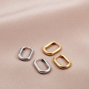 Sterling Silver Rectangular Hoop/ Geometric rectangle hoop earrings/ gold plated small hoop earrings/ squared ear hoops/ retro earring hoops