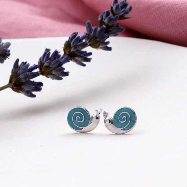 Sterling Silver Snail Earrings Studs / blue enamel earring snail / silver snail ear studs gift for teenager / jewellery gift for gardener
