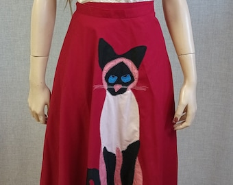 1970s Applique Wrap Skirt Siamese Cat Skirt Red Boho Hippie Skirt - Quilted Cat Skirt