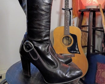 60s Go Go Boots / 70s Stacked Leather Stretch Knee High Boots BEAUTIFUL -  Leather 60s Style Go Go Boots / 60s Mod Go Go Boots Sz 6M