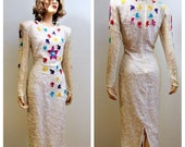 Vng White Beaded Wiggle Dress - Confetti Glass Beaded Sequin Designer Silk Wiggle Dress Beaded 80s Silk Dress