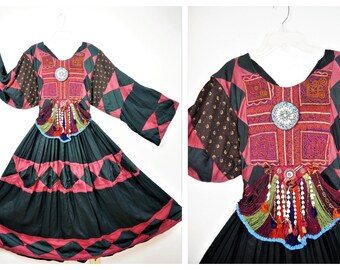 70s Authentic Afghanistan Tribal Gypsy Sz Sm Vintage Hand Embroidered Beaded Tribal Dress Quilted Cotton Bohemian Hippie Festival Dress