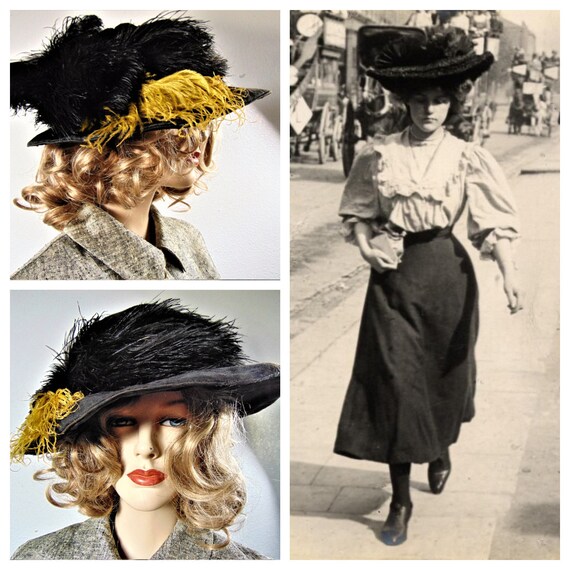 Antique Edwardian Silk Velvet Plumed WIDE BRIM Ha