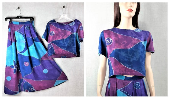 Vintage Tie Dye 2 pc Skirt Set - 70's Rayon Crop T
