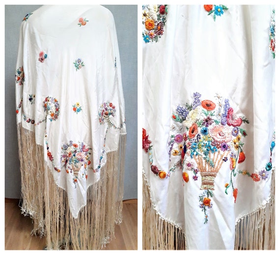 20s Silk Piano Shawl 73" x 73" - Art Deco Hand Emb