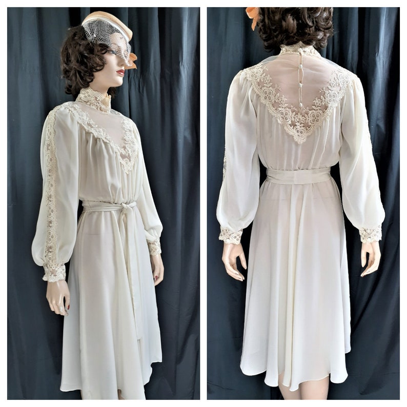 70/'s Edwardian Semi Sheer Lace Dress Edwardian Wedding Dress Vng Gunne Sax Style Wedding Dress