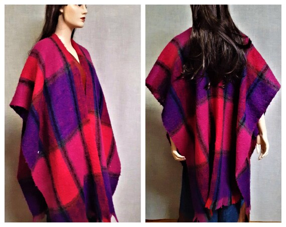 Vintage Plaid Mohair Wrap Shawl - Long Bright Colo