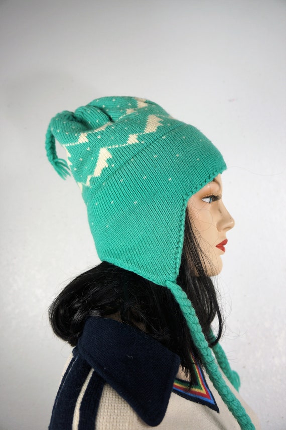 70's Fair Isle Braided Pure Wool Ski Cap - Hand Kn