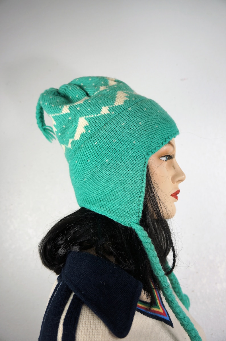 50/'s Fair Isle Braided Pure Wool Ski Cap Hand Knit Vermont Ski Cap 70s Wool Ski Skater Beanie Hat Winter Cobain Grunge Beanie