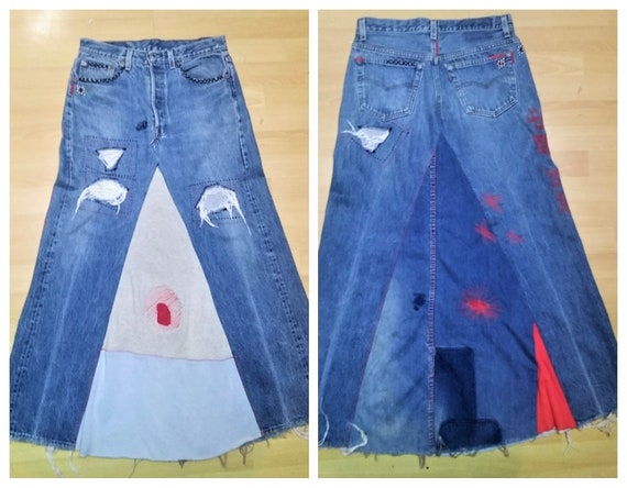 RARE 70's Levi's 501 Patchwork Denim Midi Skirt US