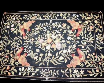 Aubusson hook rug Chinese hook rug black hand made wool vintage - Antique Hand Woven Wool Primitive Rug - 1900s Wool Needlepoint Hand Rug