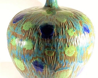 MCM The Most AMAZING 12 inch Weed Pot - Peacock Feather Glazed MCM Vase HuGE