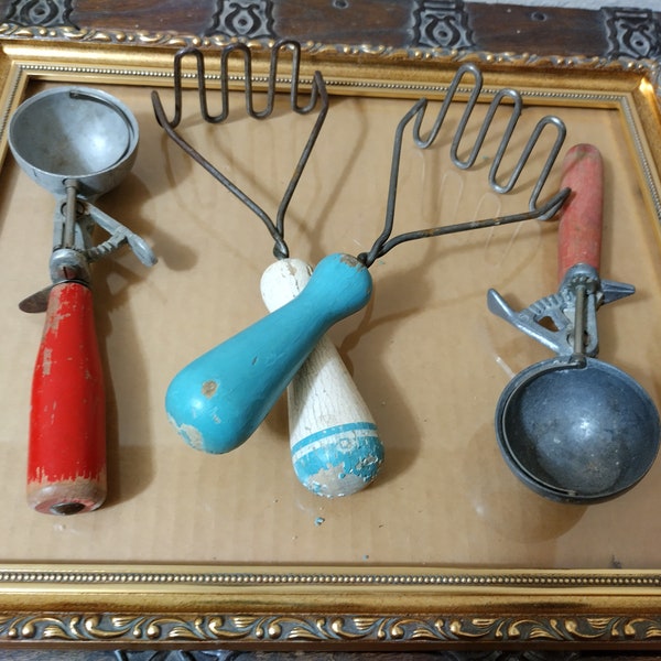 Primitive Antique Painted Wood Handled Ice Cream Scoopers and Potato Mashers - Blue Mashers