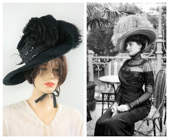 Antique Edwardian Silk Velvet Plumed WIDE BRIM Ha