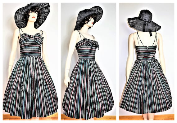 40s Rainbow Silk Halter Dress - 50s Silk Dress -Ca