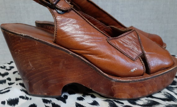 70's Wood Platform Strappy Sandals Sz Vng 6 - Bar