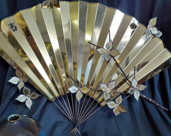 CLEARANCE - 36" 70's Artisan House Jere Wall Art -Mid Century Brass Oriental Fan Wall Art - Jere Style Brass Torched Metal Wall Art