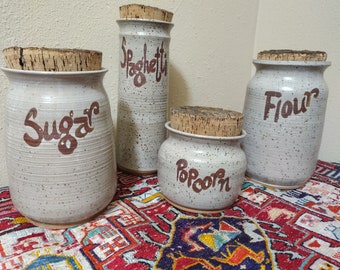 Huge 1970s Hand Thrown Studio Pottery Canister Set with Natural Cork Tops - MCM 70's Stoneware 4 pc Canister  Set