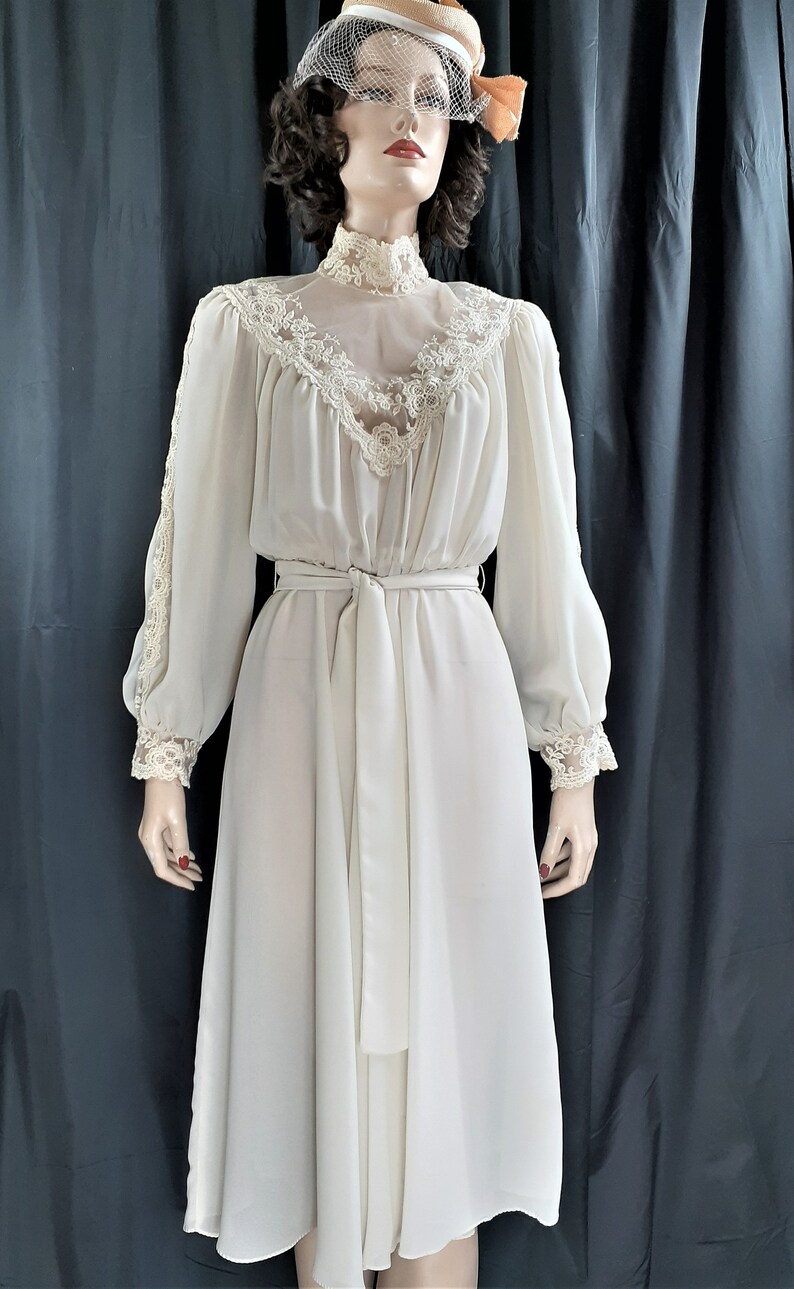 70/'s Edwardian Semi Sheer Lace Dress Edwardian Wedding Dress Vng Gunne Sax Style Wedding Dress