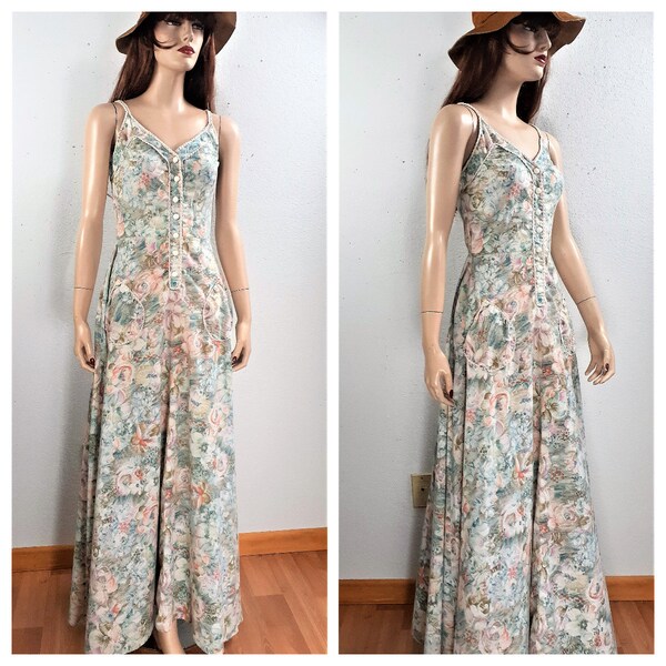 Gunne Sax Prairie Dress Style - Boho Summer Maxi Dress -60's Sleeveless Peasant Dress - Floral Lace Hippie Maxi Dress - Cotton Floral Dress
