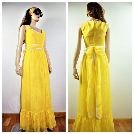 70's Yellow Swiss Dot Maxi Dress DEAD STOCK Size 1