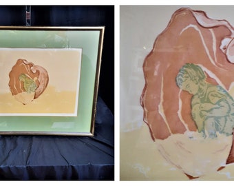 Vintage 70s Signed Block Print Watercolor "Curious World 1925" by Mary Radlo - Womb- Mid Century Modernist Abstract Art Signed Dated Artist