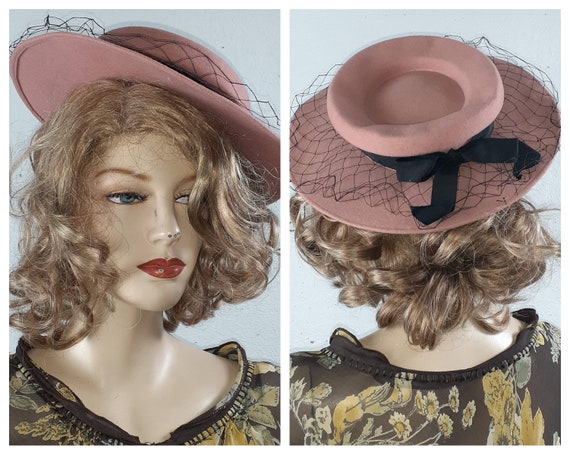CLEARANCE - Antique Wool Pink Edwardian Brim Hat -