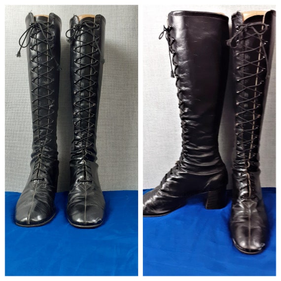 Vng 60's Knee High Leather Lace Up Boots - Penny L
