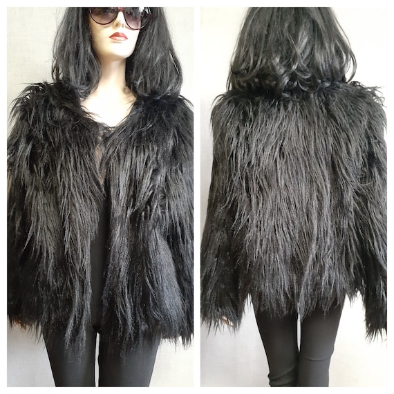 Faux Fur Monkey Fur Coat - Y2K Shaggy Long Fur Bla