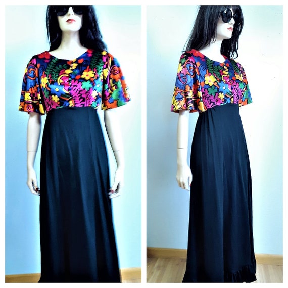 60's Neon Velvet and Jersey Knit Maxi Dress - 60's