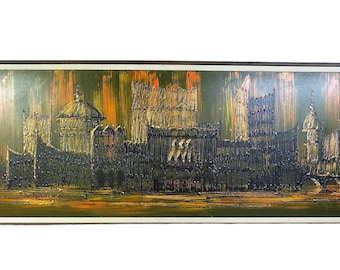 MCM HUGE Sofa Painting - Lee Reynolds Studios - Van Gaard Studios - Oil on Wood Signed 62" x 22 - Mid Century City Abstract Painting