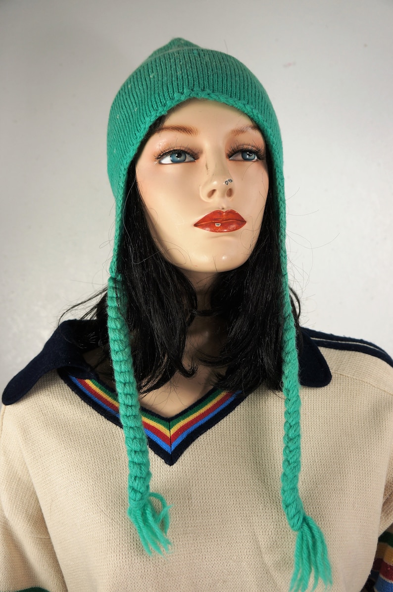 50/'s Fair Isle Braided Pure Wool Ski Cap Hand Knit Vermont Ski Cap 70s Wool Ski Skater Beanie Hat Winter Cobain Grunge Beanie