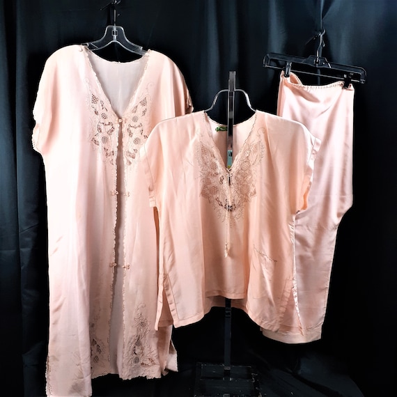 1920s 1930s 3 pc Silk Pajama Set - Art Nouveau Sil