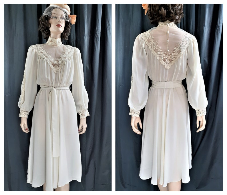 70/'s Edwardian Semi Sheer Lace Dress Edwardian Wedding Dress Vng Gunne Sax Style Wedding Dress