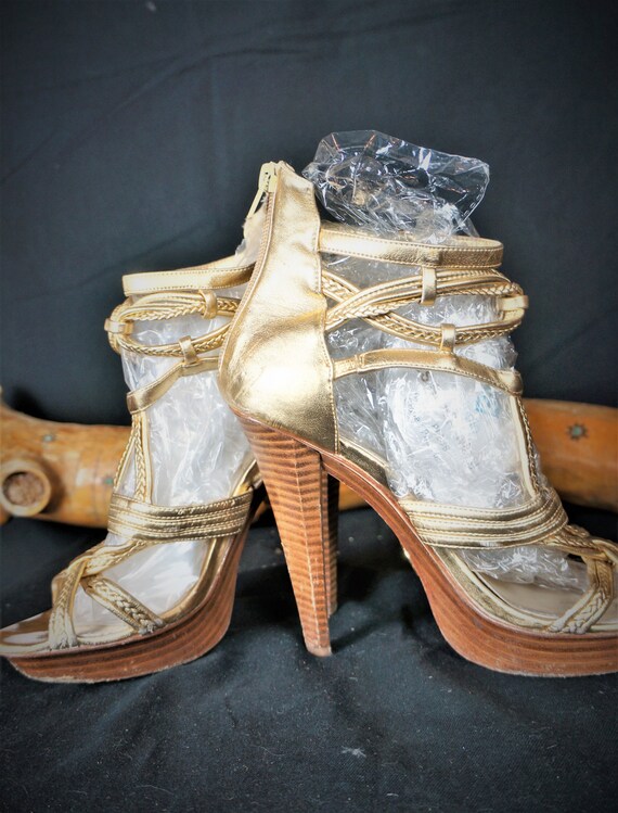 Y2K Gold Leather Platform Heels - Designer Wooden