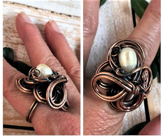 Vintage Brutalist Ring - Pearl Brutalist Copper Ri