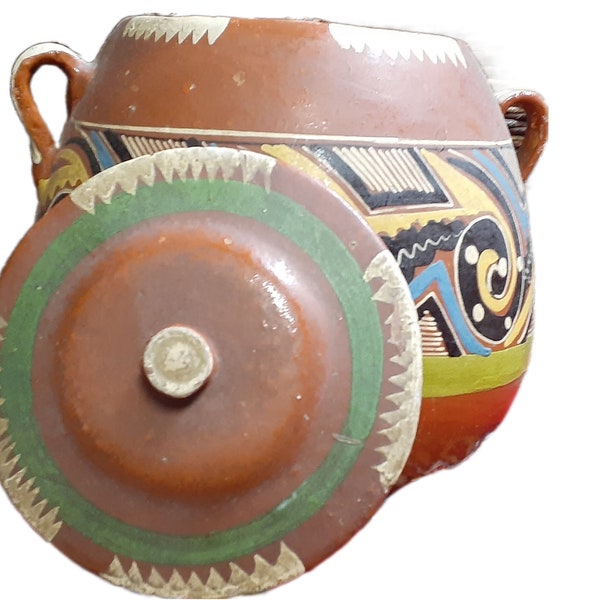 Antique Tonala Mexican Clay Hand Painted Bean Pot 1940's  9 inch large