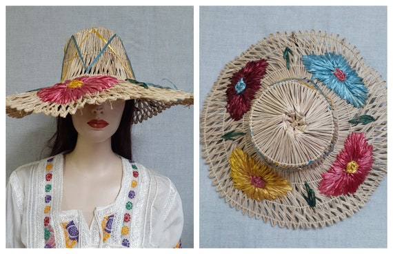 60's French Riviera Style Raffia Flowered Straw Su