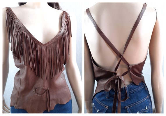 70s Custom Leather Fringe Halter Top - Artisan Elk