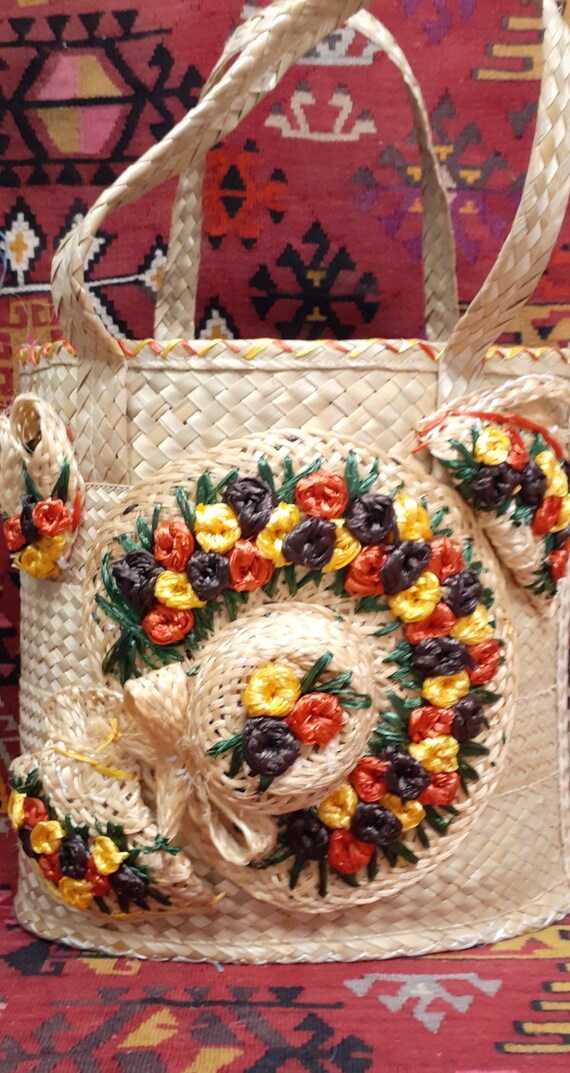 Vintage Straw Beach Bag - 60's Mexican Beach Bag -