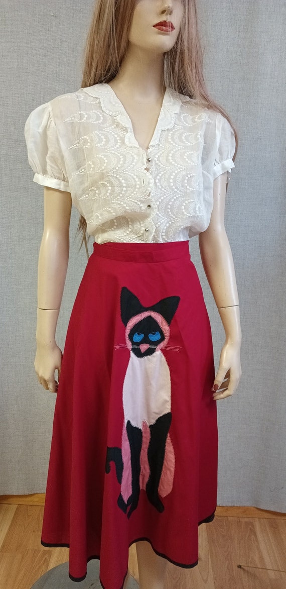 1970s Applique Wrap Skirt Siamese Cat Skirt Red Bo