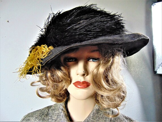 Antique Edwardian Silk Velvet Plumed WIDE BRIM Ha