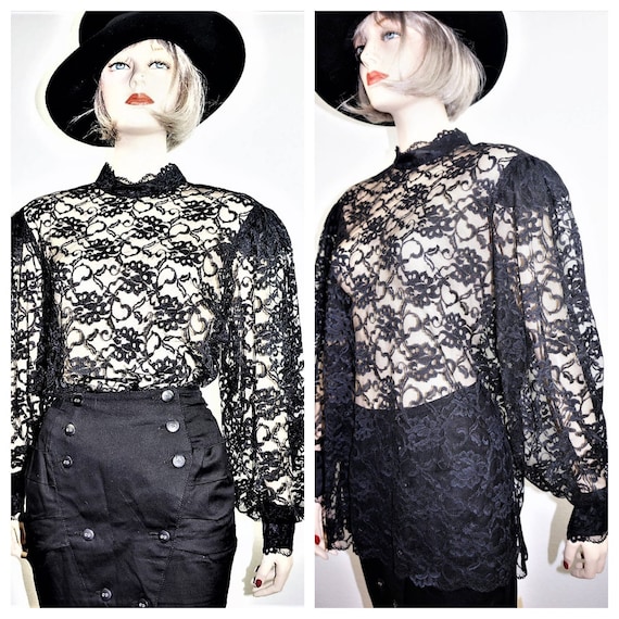 70s Black Lace Blouse - Sheer Gothic Edwardian Blo