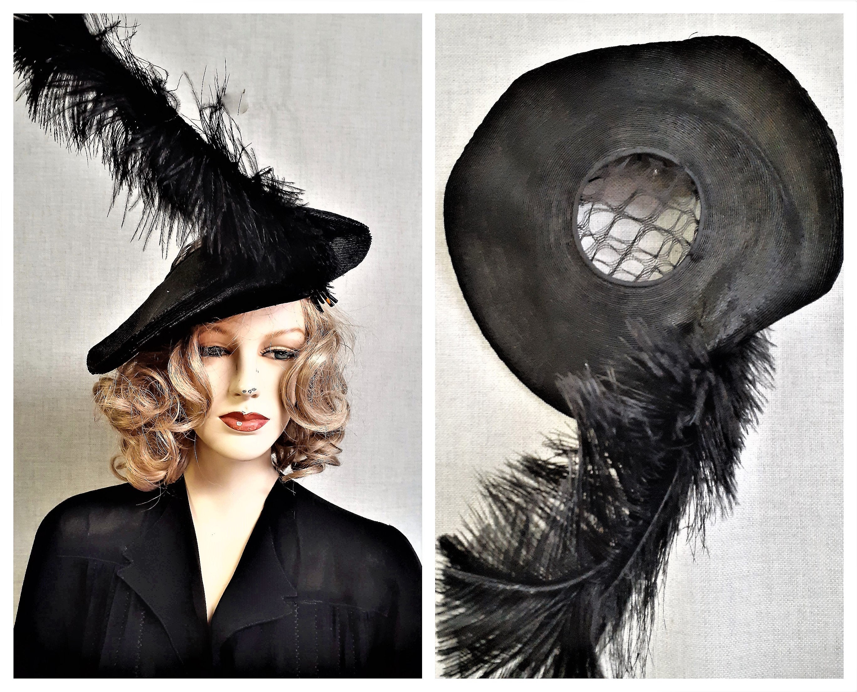 1900 1920 Woven Pancake Hat With Long 