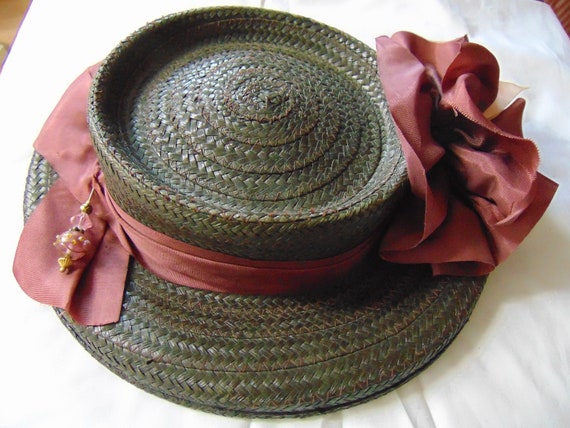 1800's Edwardian Style Straw Boaters Tilt Hat - A… - image 5