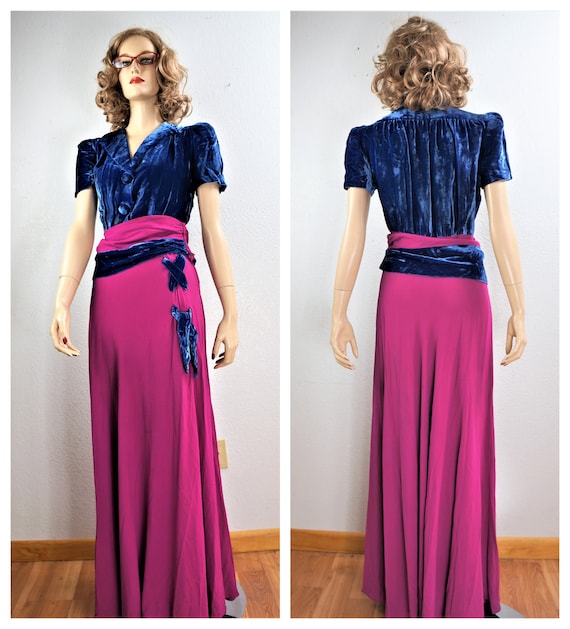 RARE 40's Velvet Crepe Gown - 30's Royal Blue Silk