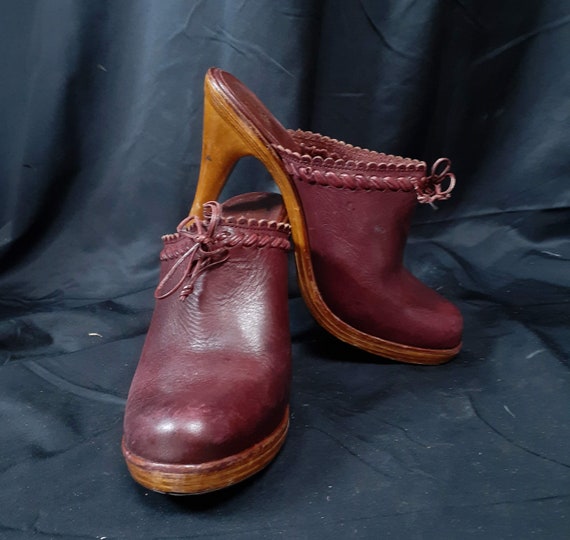 70's Quili Craft Leather Mules with Wood soles - 7