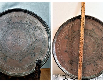 Antique Islamic 1800's Hammered Copper and Silver Tray - Large Antique Moroccan Middle Eastern Hammered Table Tray