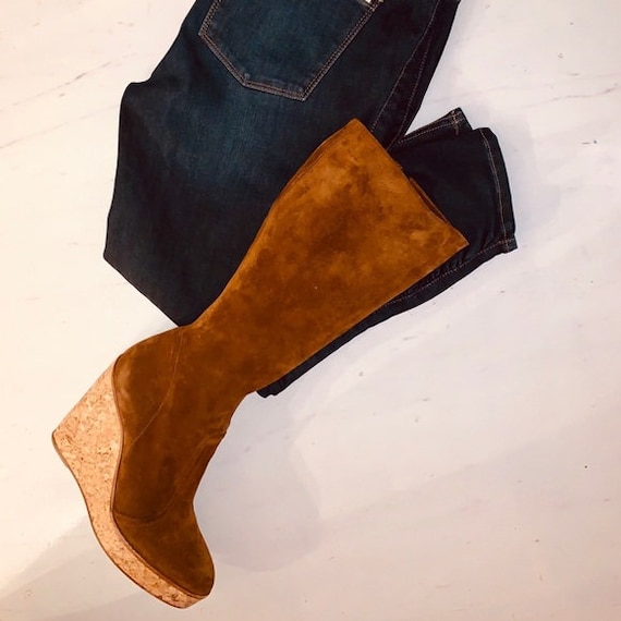 Vintage 70's Style Suede Platform Wedge Boots - FA
