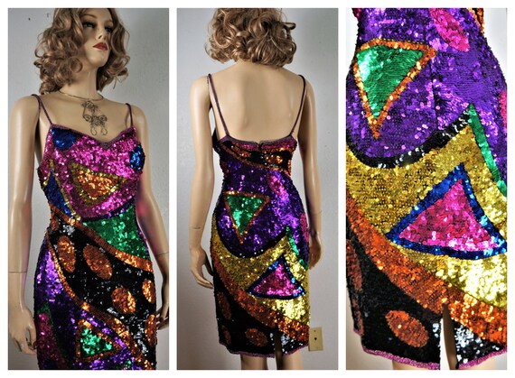 Neon Silk Sequin Party Dress Sz 12 / 80's 90's Abs